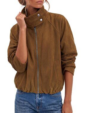 Women's Brown Faux Suede Front Zipper Oversized Funnel Neck Zip Up Bomber Jacket
